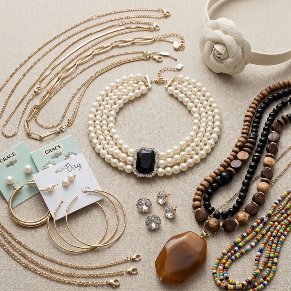 Flat-lay of a curated assortment: gold chains, a pearl statement necklace, hoop and crystal earrings, wood and seed-bead necklaces, and a rose headband on linen